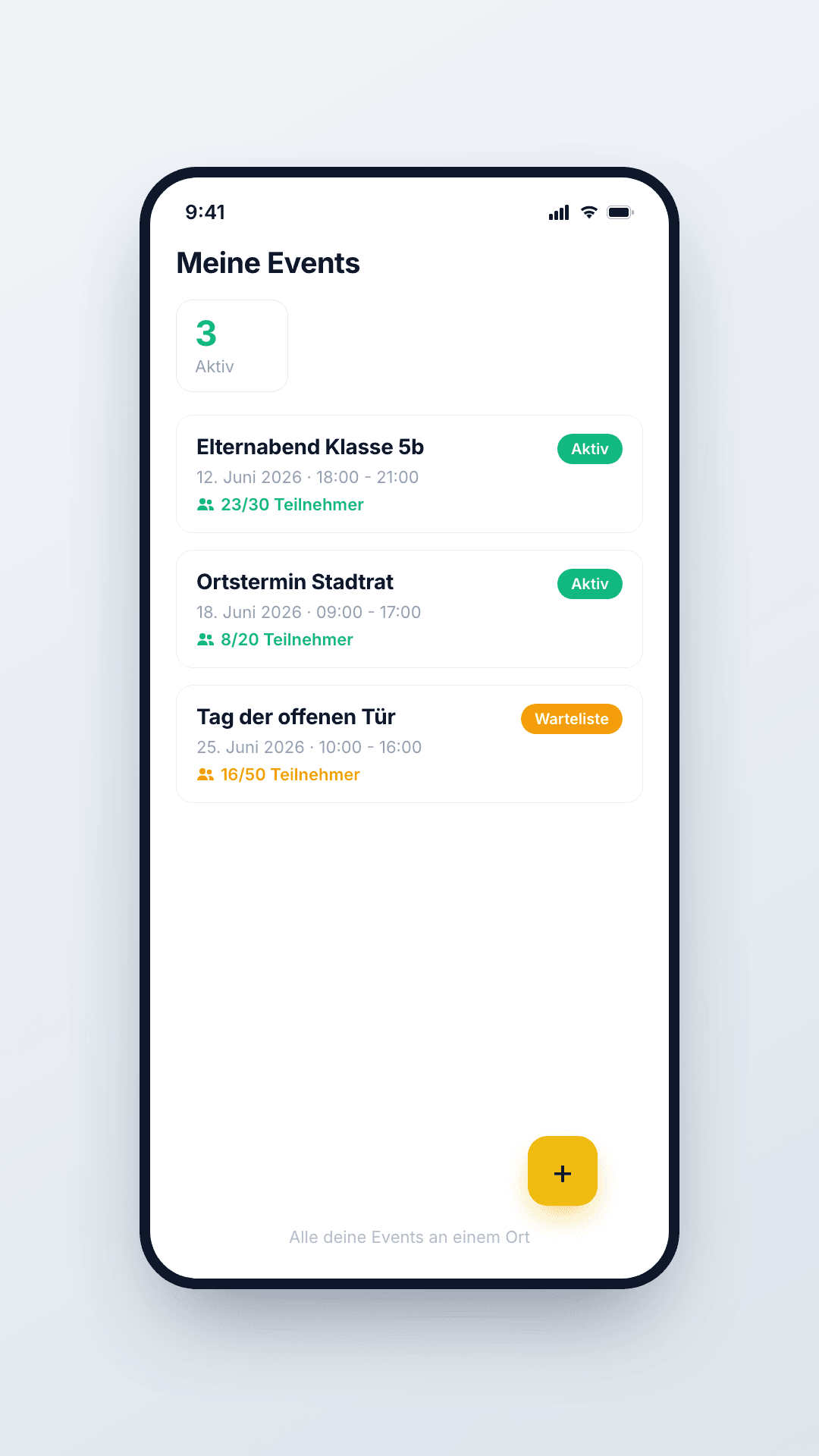 Slotr-Übersicht mit Events, Teilnehmern und Status