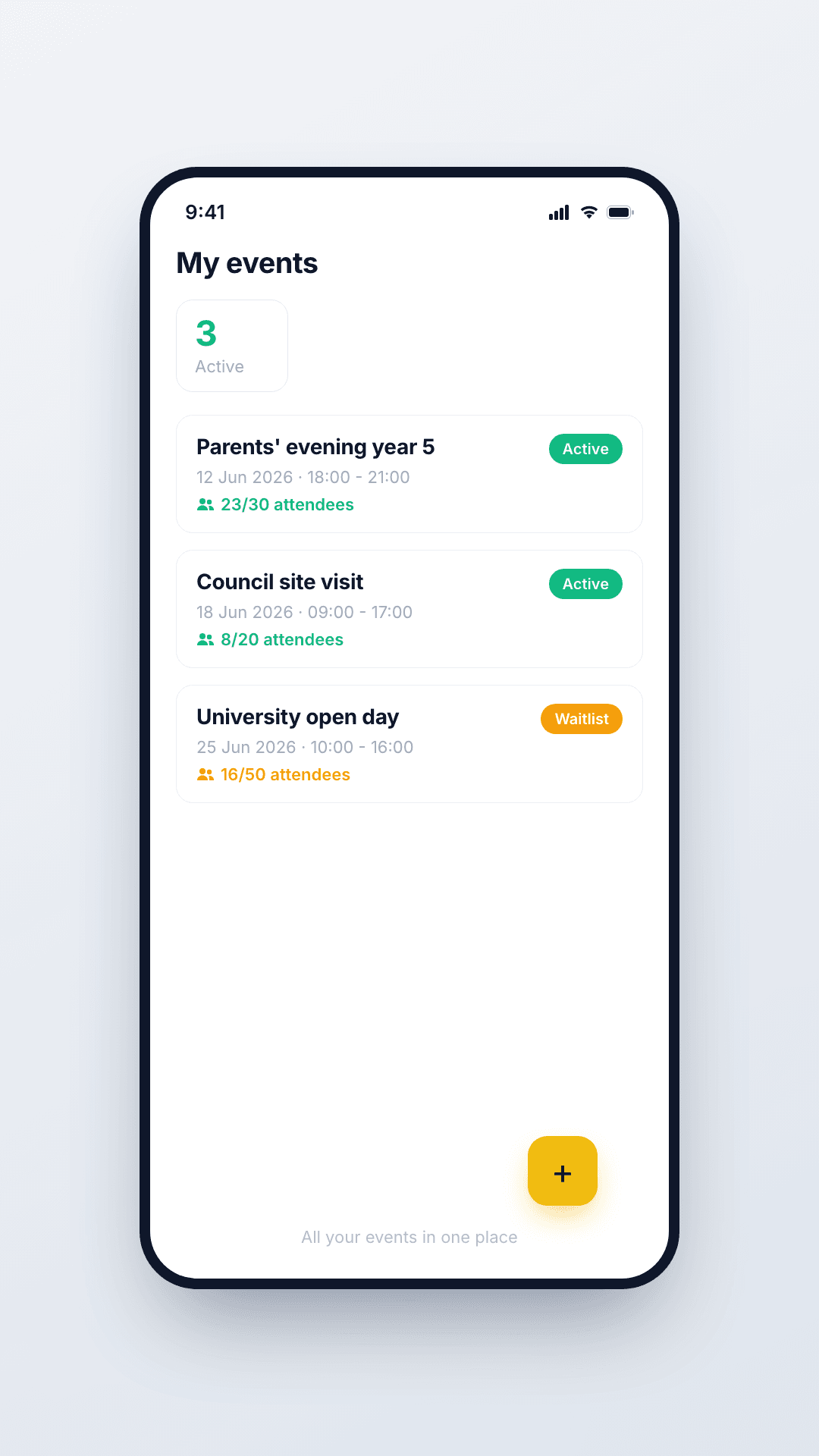 Slotr overview with events, attendees and status