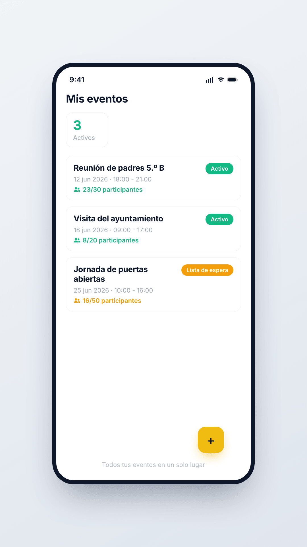 Vista general de Slotr con eventos, participantes y su estado