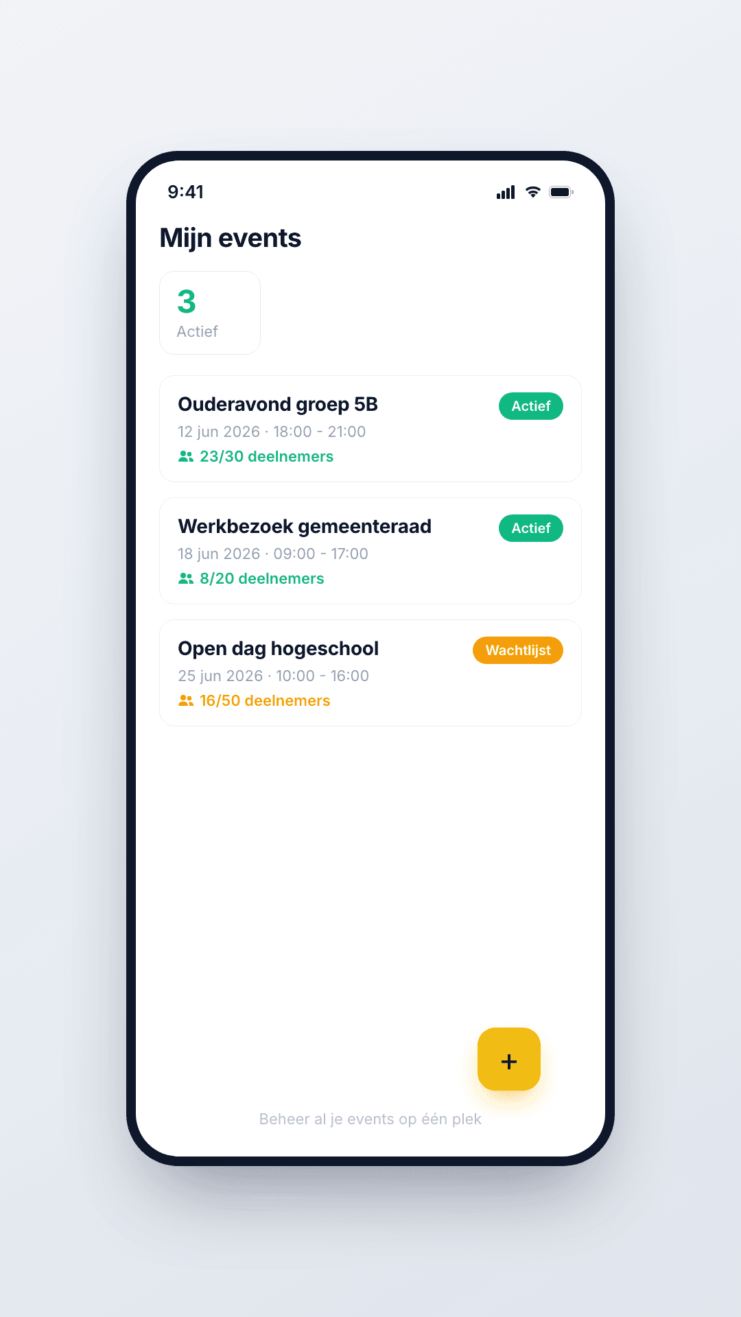 Slotr-overzicht met events, deelnemers en status