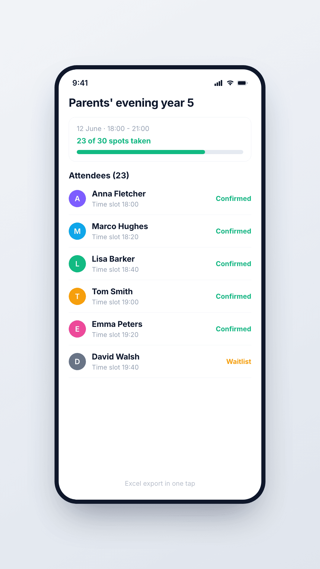 Attendee list with statuses and time slots in Slotr