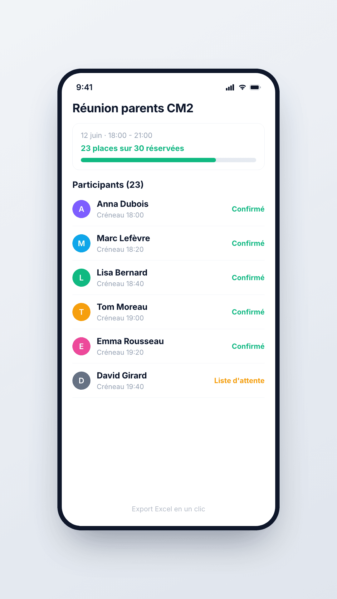 Liste des participants avec statuts et créneaux dans Slotr