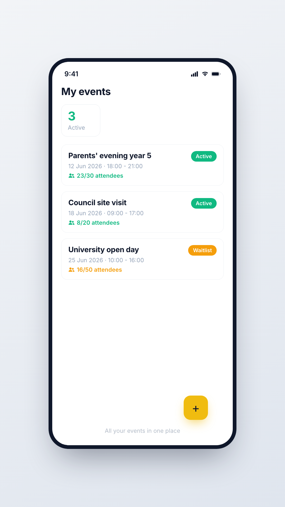 Slotr overview with events, attendees and status